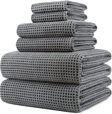 Produktbild von Unyqoos® Mikrofaser-Handtuchset – extra groß, schnelltrocknend mit Waffelstruktur, Grau, 6-teilig (1x 152 x 76,2 cm; 2x 40,64 x 76,2 cm; 3x 33 x 33 cm)