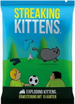 The image shows the packaging of a card game called "Streaking Kittens". It features cartoon illustrations of cats, people playing soccer, and scattered clothing items against a blue and green background.