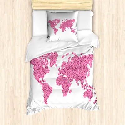 Produktbild von ABAKUHAUS Floral Weltkarte Mantele, saisonale Garten, Milbensicher Allergiker geeignet mit Kissenbezügen, 135 cm x 200 cm - 80 x 80 cm, Hot Pink