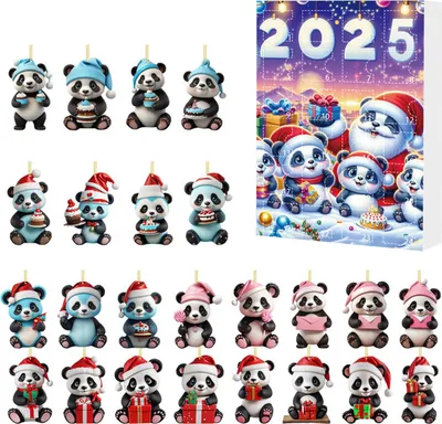 A collage of panda-themed Christmas ornaments and a 2025 advent calendar.