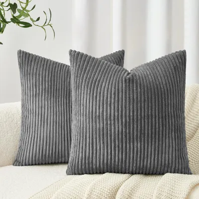 Produktbild von Set mit 2 Kissenbezügen, 80 x 80 cm, dunkelgrauer Cord, Streifenmuster, Dekokissen, Sofakissen, Sitzkissen für Wohnzimmer, Schlafzimmer