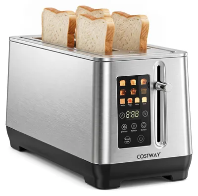Productafbeelding van COSTWAY Toaster, 4 sleuven, 1600W, roestvrij staal, lange sleuven, met LED-display, 6 bruiningsgraden, ontdooifunctie en opwarmfunctie, geschikt voor 4 soorten brood, zilverkleurig