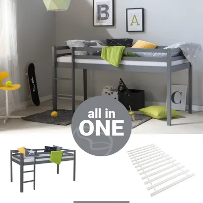 Produktbild von Homestyle4u Kinder Hochbett mit Lattenrost Leiter 90x200 cm Grau Kiefer Massiv Etagenbett