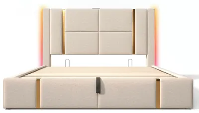 Image de Lit double - Structure de lit - Canapé-lit - Lit avec rangement - Lit avec éclairage LED - Beige, 140x200 cm