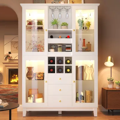 Image de Armoire à vin avec éclairage LED RGB contrôlé par application, meuble haut 120 x 180,5 x 40 cm, bar de salon avec porte-verres et 3 tiroirs, vitrine pour le salon et la cuisine, noir et blanc