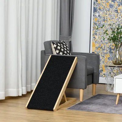 Image de Rampe pour chien pliable et réglable en hauteur, rampe pour animaux de compagnie pour lit et canapé, bois de pin antidérapant, noir et bois naturel | 90 x 40 cm | 26–61 cm | jusqu'à 40 kg