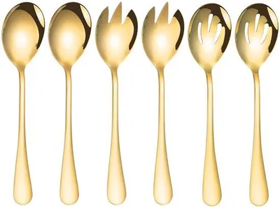 Image de Ensemble de couverts pour salade en acier inoxydable : cuillère, fourchettes, couteau à salade et passoire - Or