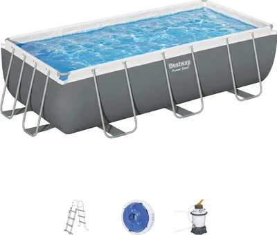 Image de Bestway Power Steel Piscine à tuyaux rectangulaire 404x201x100 cm avec filtre à sable, échelle et distributeur de produits chimiques couleur grise