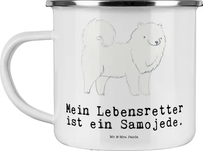 Produktbild von Mr. & Mrs. Panda Teetasse Samojede Lebensretter - Weiß - Geschenk, Emaille Becher, Samojedenhund, Blechtasse, Pott, Campingbecher, Tasse, Samojedenspitz