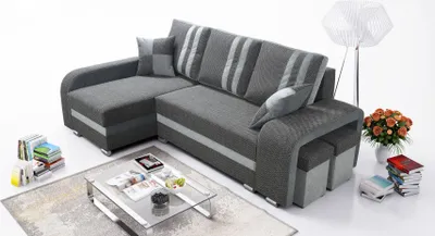 Produktbild von Robin York Ecksofa mit Schlaffunktion 2x Bettkasten 2x Kleine Kissen 2x Hocker Sofa L-Form Schlafsofa Freistehende Eckcouch Schlafcouch Wohnzimmermöbel Wohnlandschaft Grau