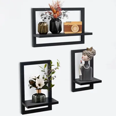 Produktbild von Wandregal 3er Set, schwarz, Holz und Eisen, für Wohnzimmer