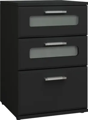 A black three-drawer nightstand with frosted glass inserts in the top two drawers.