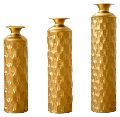 Produktbild von Goldene Metallbodenvasen 3er Set, Halbhandgefertigte Stehvasen mit Wabenmuster, Moderne Dekovasen für Wohnzimmer, Flur, Eingangsbereich, 50/65/85 cm Höhe