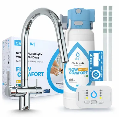 Produktbild von Ari 3-Wege-Küchenarmatur Slender, Chrom, Ausziehbare Spültischarmatur Im Set Mit Dafi D1 Wasserfiltersystem, Untertischanlage