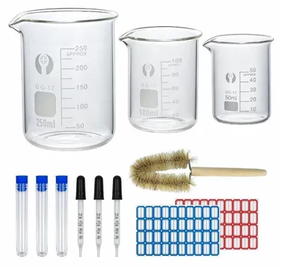 Obrázok produktu pre Sada odmerných pohárov z borosilikátového skla, 250 ml, 100 ml, 50 ml, 3 kusy, s pipetami a kefkou
