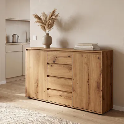Produktbild von Wohnzimmer Sideboard 137 cm breit in Eiche mit 2 Türen & 4 Schubladen - ZOLLINO-129