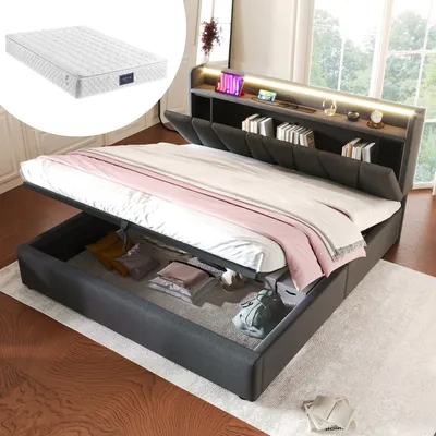 Produktbild von MODFU Polsterbett Doppelbett 160x200cm mit aufladen USB Ladefunktion und LED-Beleuchtung, Hydraulisches Boxspringbett(Mit Matratze), Grau