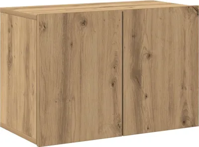 A wooden cabinet with two doors against a white background.