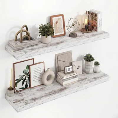 Image de Étagères murales en bois, profondeur 100 cm, largeur 23,5 cm, couleur blanche, lot de 2