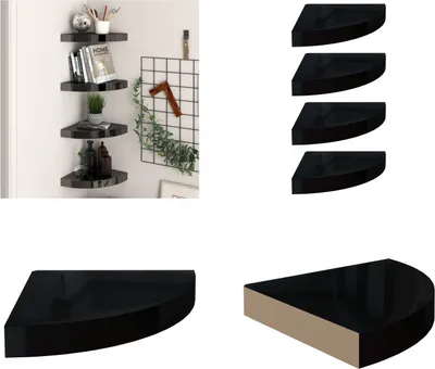 Immagine prodotto di vidaXL Mensole galleggianti ad angolo 4 pz. Nero lucido 25x25x3,8 cm MDF - Mensola a muro - Mensole a muro - Mensola a muro galleggiante - Mensola a muro galleggiante