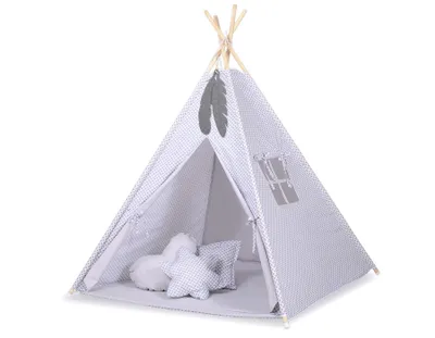 Image de Tipi Tente pour Enfants avec Tapis et Plumes Grise 150 cm