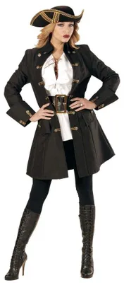 Imagen del producto de Abrigo negro para mujer con botones dorados, ideal para el disfraz de pirata de "Piratas del Caribe"