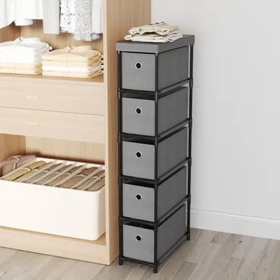 Produktbild von 5-Schubladen-Kommode, schmaler Aufbewahrungsmöbel mit Metallrahmen, Holzoberfläche & Griffen, platzsparende Lagerrungsschrank, 40x19x100 cm, grau