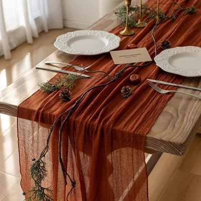 Produktbild von Tischläufer aus Käsetuch für Thanksgiving und den Herbst, Terrakotta-Gaze, 304,6 cm, 3 m, rustikales Käsetuch in gebranntem Orange für Hochzeit, Baby, Brautparty, Friendsgiving-Party, durchsichtige Heimdekoration