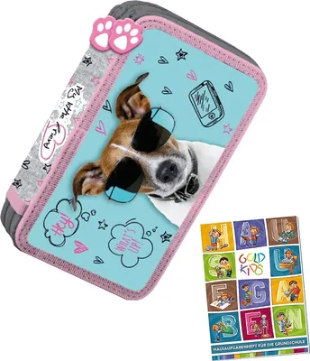 Produktbild von 2-fache Federtasche Federmappe Federmäppchen 26-teilig gefüllte Schüleretui Stifte und Pinsel inkl. Aufgabenheft Federbox Etui Stiftetasche Schlamper-Etui Schul-Etui Schüleretui Hund