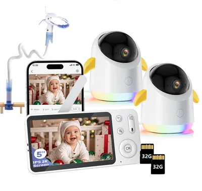 Obrázek produktu pro Dětská chůvička se 2 kamerami a APP 2K 360° 5" WLAN video chůvička RGB noční vidění detekce pláče/pohybu/zvuku 4x zoom s držákem a 2*32G