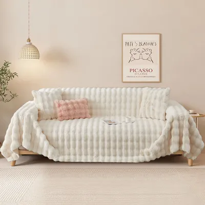 A cozy living room scene with a plush blanket draped over a sofa, featuring a decorative pillow and a framed art print on the wall.