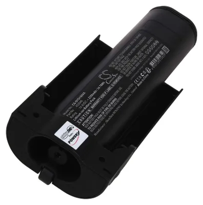 A black battery pack with a black holder, shown at an angle on a white background.