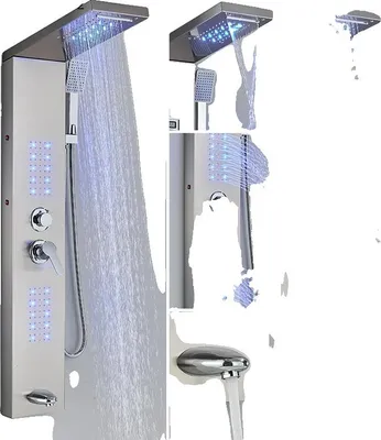 A shower panel with LED lights and water flowing.