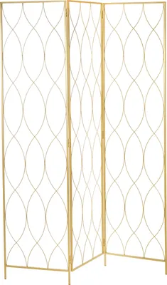 A three-panel folding screen with a geometric metal design.