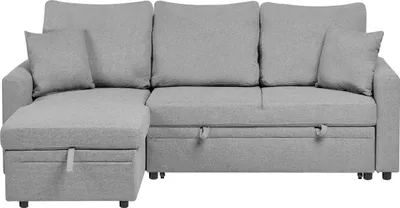 Produktbild von BELIANI Ecksofa mit Schlaffunktion Grau Kunstleinen Stoff L-Förmig 3-Sitzer Sofa Rechtsseitig mit Stauraum Kissen Gepolstert Stoffsofa Schlafcouch