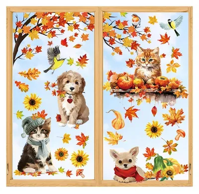 Produktbild von Herbst Fensterbilder Selbstklebend 9 Stück mit Katzen & Hunden, Fensterdeko Erntedankfest