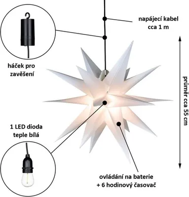 Obrázek produktu pro Vánoční dekorace, hvězda s časovačem 1 LED, 55 cm, bílá