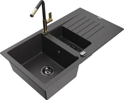 Produktbild von Mexen Matias 1,5-Becken-Granitspüle mit Abtropffläche und Mischbatterie Flora, Schwarz gesprenkelt - 6502-76-670401-57-B