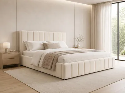 Produktbild von MOEBLO Polsterbett Bett 01 – Doppelbett mit Kopfstütze, Rahmenbettgestell, Bettkasten, Lattenrost und gepolstertem Kopfteil - 160x200 - Light Beige (TRINITY 2), KI-generiertes Bild