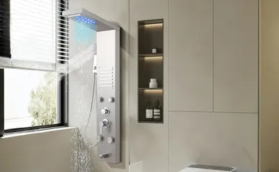 Immagine prodotto di Jayseuw sistema di pannelli doccia pannello doccia in acciaio inox spazzolato colonna doccia con 5 modalità doccia set doccia pannello doccia torre con doccia a pioggia (argento)