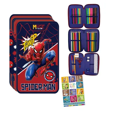 Produktbild von Federmäppchen 3 Fächer - Mäppchen  für Jungen  - Federmappe 3-Fach Federtasche Gefüllte Schüleretui Schulmäppchen und Hausaufgabenheft - Spiderman