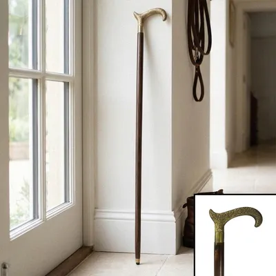 Produktbild von Spazierstock aus Holz, mit brüniertem Messinggriff, H.91 cm