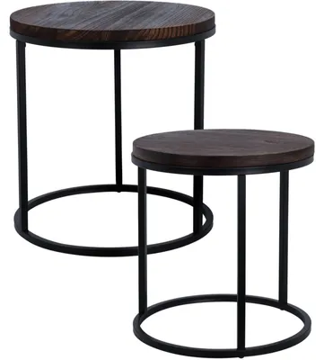 Zdjęcie produktu dla Zestaw stolików kawowych z blatem z drewna paulownia, metalowy stelaż, 2 sztuki, Ø 43 cm, Ø 38 cm