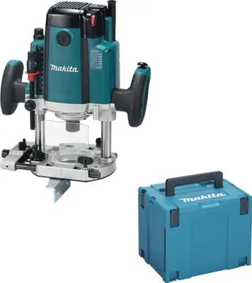 A Makita router and its storage case are shown against a white background.