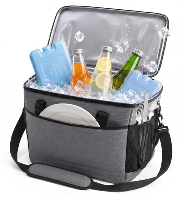 Productafbeelding van Relaxdays Koeltas, 20 liter, waterdicht, met 2 handgrepen en een band, geschikt voor strand, camping en picknick, grijze picknicktas, AI-gegenereerde afbeelding
