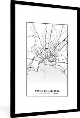 Produktbild von MuchoWow® Gerahmtes Poster Mallorca - Stadtplan - Karte - Schwarz und weiß - Karte 60x90 cm - Poster mit Schwarzem Bilderrahmen Wandposter Rahmen Foto Bilder - Dekoration - Wandposter Wohnzimmer - Hochwertig