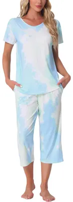 Produktbild von Damen Schlafanzug Zweiteilig Set Bequem Tie Dye Weiß Blau S
