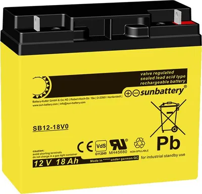 Zdjęcie produktu dla Sun Battery SB12-18V0 12 V 18 Ah dł. x szer. x wys. 182 x 77 x 168 mm, złącze płaskie z otworem 6 mm, certyfikat VdS G112049, obudowa ognioodporna