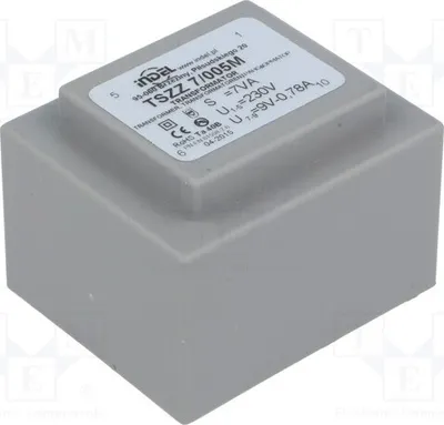 Immagine prodotto di 1 trasformatore: montaggio superficiale; alimentazione: 230 VAC; potenza: 7 VA; corrente: 0,77 A; tensione secondaria: 9 V; grado di protezione: IP00; modello: TSZZ7/005M - trasformatore