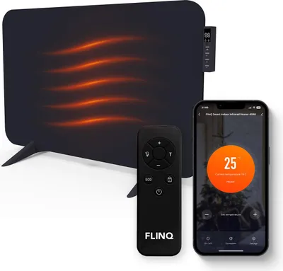 Produktbild von FlinQ Infrarot-Heizgerät – Smart & energieeffizient – Elektrische Infrarotheizung – App & Fernbedienung – IP44 – 450W – Schwarz